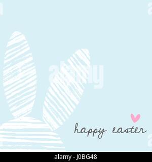 Ostern Hase Grußkartenvorlage mit Hand gezeichnet weißen Streifen Hasenohren und Text Frohe Ostern auf Pastell blau hinterlegt. Stock Vektor
