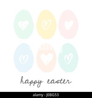 Ostern Grußkarte gestalten mit Text "Frohe Ostern" in gold und bunten Pastell rosa, grüne, blaue und gelbe Ostereier im Hintergrund. Stock Vektor