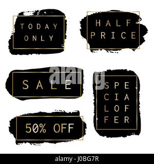 Eine Reihe von Hand gezeichnet schwarz Verkauf Banner mit dünnen goldenen Rahmen und Text, isoliert auf weißem Hintergrund. Stock Vektor