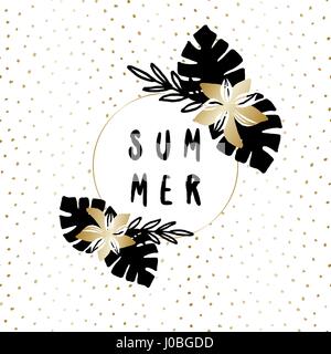 Abstrakt Design mit tropischen Blättern und Blüten in Gold und schwarz, isoliert auf weißem Hintergrund. Stock Vektor