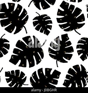 Hand gezeichnet nahtlose Muster mit tropischen Blättern in Gold und schwarz auf weißem Hintergrund. Stock Vektor