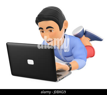 3D-Illustration junger Menschen. Junger Mann in kurzen Hosen liegend mit einem Laptop. Isolierten weißen Hintergrund. Stockfoto