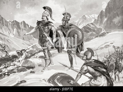 Alexander in der Arachosian Berge, (Afghanistan) 329 v. Chr.. Alexander III. von Makedonien, 356 v. Chr. - 323 v. Chr., aka Alexander des Großen. König der Antike griechische Königreich Makedonien und Mitglied des Argead Dynastie. Nach dem Gemälde von S.M. Burton. Von Hutchinson's Geschichte der Nationen, veröffentlicht 1915. Stockfoto