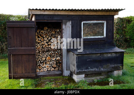 Alte hölzerne Hühnerstall aus recycelten Materialien hergestellt, mit neuen Wellpappe Dach verwendet, um Spaltebrennholz zu speichern. Gelehnt Tür, Holz zum trocknen lassen. Stockfoto