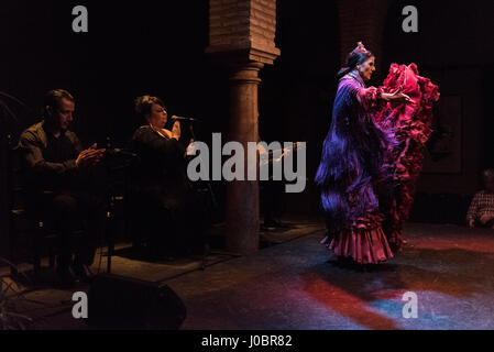 Eine abendliche Flamenco-Vorstellung im Museo del Baile Flamenco in der Altstadt von Sevilla, Spanien. Das Museo del Baile Flamenco bietet seinen Besuchern die Möglichkeit Stockfoto