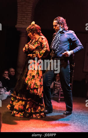 Eine abendliche Flamenco-Vorstellung im Museo del Baile Flamenco in der Altstadt von Sevilla, Spanien. Das Museo del Baile Flamenco bietet seinen Besuchern die Möglichkeit Stockfoto