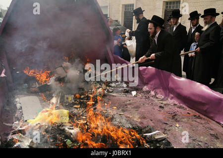 Ultra orthodoxe jüdische Männer, Belz Chassidim, versammeln, um Chametz, Brot und Lebensmittel nicht koscher für Pessach, morgens am Vorabend des Feiertages zu brennen. Stockfoto