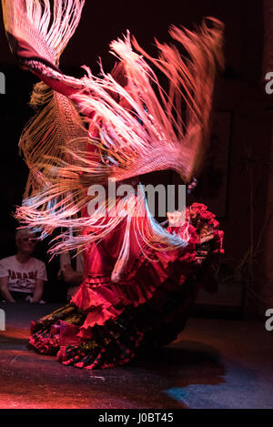 Eine abendliche Flamenco-Vorstellung im Museo del Baile Flamenco in der Altstadt von Sevilla, Spanien. Das Museo del Baile Flamenco bietet seinen Besuchern die Möglichkeit Stockfoto