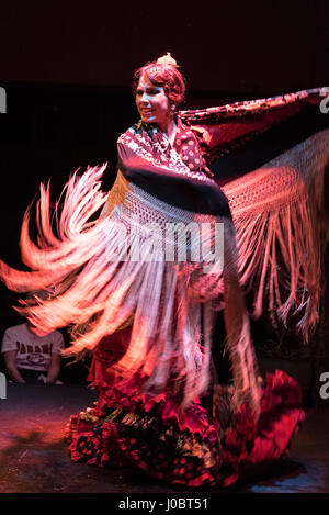 Eine abendliche Flamenco-Vorstellung im Museo del Baile Flamenco in der Altstadt von Sevilla, Spanien. Das Museo del Baile Flamenco bietet seinen Besuchern die Möglichkeit Stockfoto