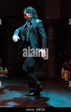 Eine abendliche Flamenco-Vorstellung im Museo del Baile Flamenco in der Altstadt von Sevilla, Spanien. Das Museo del Baile Flamenco bietet seinen Besuchern die Möglichkeit Stockfoto