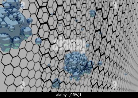 3D-Render Darstellung der Graphen Atomstruktur - Nanotechnologie Hintergrund illustration Stockfoto