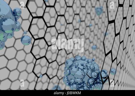 3D-Render Darstellung der Graphen Atomstruktur - Nanotechnologie Hintergrund illustration Stockfoto