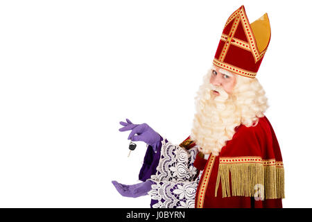 Sinterklaaswith Auto-Taste. isoliert auf weißem Hintergrund. Niederländischen Charakter von St. Nikolaus und Black Pete Stockfoto