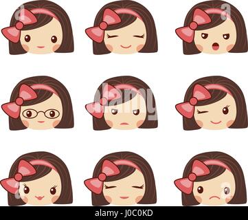 Niedliche Mädchen Gesicht mit roter Schleife zeigen die verschiedenen Gefühle Vektor-Illustration. Vektor-Set Emoji und Emoticons. Stock Vektor
