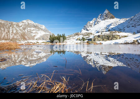 Schneebedeckte Gipfel spiegeln sich im alpinen See teilweise zugefroren, Lejets Crap Alv, Kanton Graubünden, Engadin, Schweiz Stockfoto