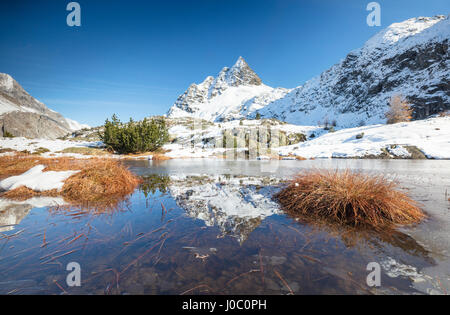 Schneebedeckte Gipfel spiegeln sich im alpinen See teilweise zugefroren, Lejets Crap Alv, Kanton Graubünden, Engadin, Schweiz Stockfoto
