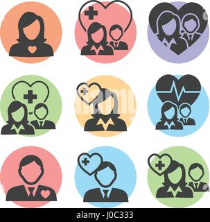 Medizinische medizinische Versicherung Symbole mit Menschen Figuren und Herzen, EKG & Versicherten Symbole Stock Vektor