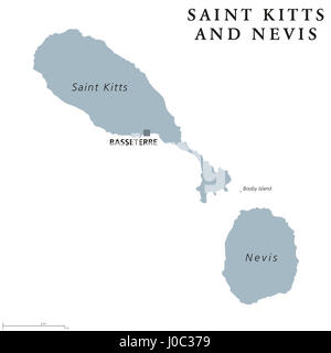 St. Kitts und Nevis politische Karte mit Hauptstadt Basseterre. Föderation Saint Christopher und Nevis. Zwei-Insel-Karibikstaat. Stockfoto