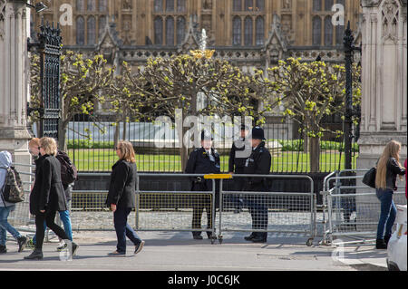 Polizisten bewachen Eingang zum Palace of Westminster am Parliament Square, London UK, Credit: Malcolm Park Stockfoto