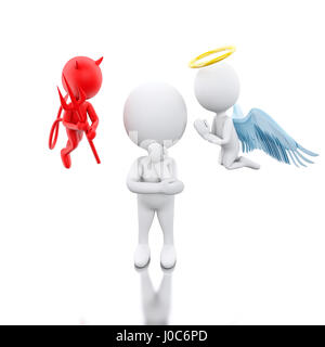 3D Illustration. Weiße Leute Kontemplation eine Entscheidung mit Engel und Teufel. Isolierten weißen Hintergrund. Stockfoto