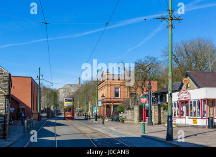 Nationalen Straßenbahnmuseum Crich Tramway Village, nr Matlock, Derbyshire, England, UK Stockfoto