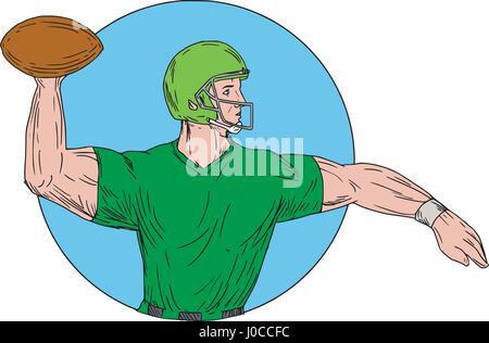 Zeichnung Skizze Stil Illustration ein american-Football Rost Quarterback Spieler Arme gestreckt werfende Ball der Seitenansicht im Inneren cir Stock Vektor