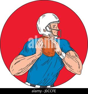 Zeichnung Skizze Stil Illustration der Rost ein american-Football-quarterback Spieler mit Ball bereit, der Seitenansicht im Inneren Ball werfen Stock Vektor