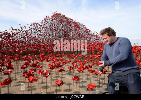 Mohnblumen: Welle ist einer von zwei Teilen der Kunstinstallation „Blood Swept Lands and Seas of Red“. Der Künstler des Werkes Paul Cummins eröffnete heute die Wave-Sektion am Barge Pier in Shoeburyness, Essex, Großbritannien Stockfoto