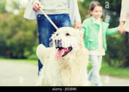 Nahaufnahme von Familie mit Labrador Hund im park Stockfoto