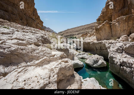 Klares blau-grünes Flusswasser fließt durch den trockenen Wadi Bani Khalid Canyon in Oman, wo Touristen entlang des Hauptpfads spazieren Stockfoto