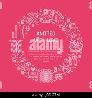 Stricken, häkeln, hand-made Banner Abbildung. Vektor-Linie Symbol Stricknadel, Haken, Schal, Socken, Muster, Knäuel Wolle und andere DIY Geräte. Stock Vektor