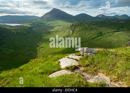 Dunlewy Lough, Errigal und die Aghla Hügel über die vergiftete Glen, aus Crockfadda, Derryveagh Mountains, County Donegal, Irland Stockfoto