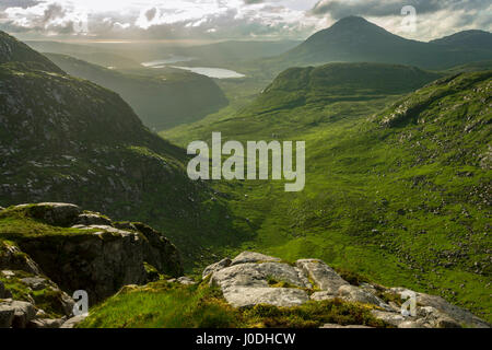 Lough Nacung obere, Dunlewy Lough, Errigal und Mackoght über die vergifteten Glen, aus Crockfadda, Derryveagh Mountains, County Donegal, Irland Stockfoto