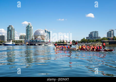 Drachenbootrennen am False Creek vor Science World bei Telus World of Science in Vancouver, British Columbia, Kanada. Stockfoto