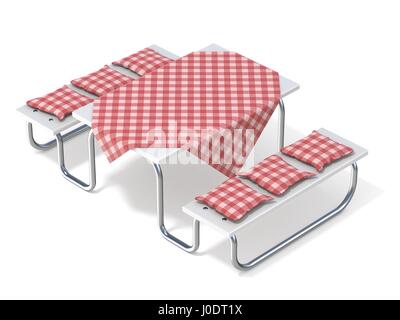 Picknick-Tisch mit roten Tisch decken und Kissen. 3D-Render Abbildung isoliert auf weißem Hintergrund Stockfoto