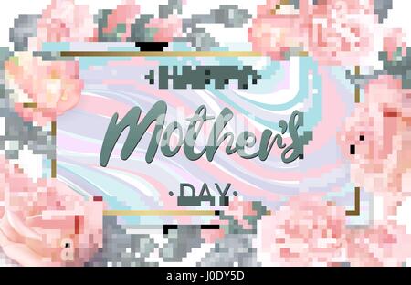 Happy Mothers Day Schriftzug auf Marmorplatte von Rosen umgeben. Glücklich Muttertag Grußkarte mit zarten rosa Rosen. Rose Blume horizontale bann Stock Vektor