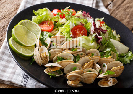 Muscheln mit Kräutern und eine Mischung aus Gemüsesalat Nahaufnahme auf einer Platte. horizontale Stockfoto