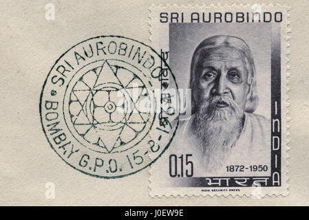 Briefumschlag des ersten Tages von Sri Aurobindo, Bombay, GPO, 0,15 Paisa-Stempel, 1872-1950- Indien, indischer Stempel Stockfoto