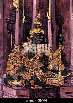 Ramayana Murla Gemälde, Schlachten fremde Götter und Chimera an Wänden des Kings Palace Bangkok, Thailand, 02.15.2008. Stockfoto