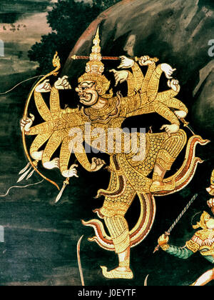 Ramayana Murla Gemälde, Schlachten fremde Götter und Chimera an Wänden des Kings Palace Bangkok, Thailand, 02.15.2008. Stockfoto