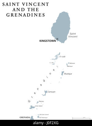 St. Vincent und die Grenadinen politische Karte mit Hauptstadt Kingstown. Inseln der Karibik Land, Teil der kleinen Antillen und Windward-Inseln. Stockfoto