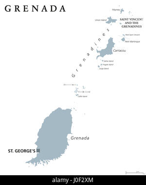 Grenada politische Karte mit Hauptstadt St. George. Karibische Inseln-Land und Teil der kleinen Antillen und die Windward-Inseln. Graue Abbildung. Stockfoto