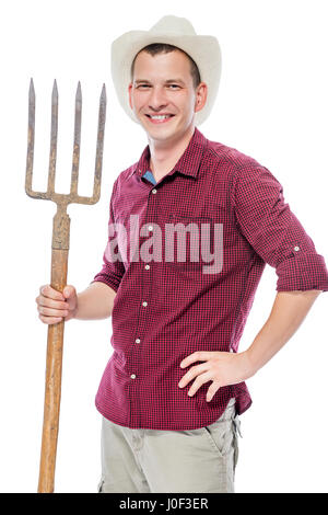 Glücklich männlichen Bauer mit Gabeln auf weißem Hintergrund Stockfoto