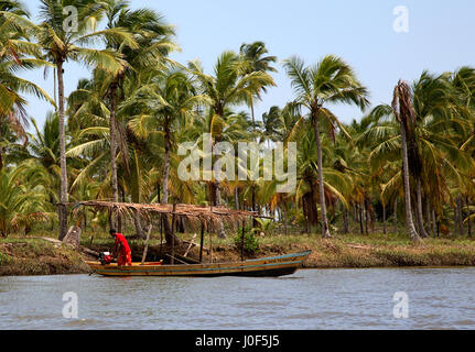 Angelboot/Fischerboot auf dem Fluss von Canavieiras, Bahia, Brasilien, Südamerika Stockfoto