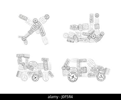 Eine Menge von schwarzen Einwanderung Briefmarken in Auto, Flugzeug, Schiff und Bahn Form isoliert auf weiss angeordnet Stock Vektor