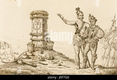 Der französische Entdecker René Goulaine de Laudonniere (1529-1574) und der Indian Chief Athore-Besuch der Jean Ribault (1520-1565) Spalte, errichtet im Jahre 1568 im nördlichen Florida. Kupferstich, 1841. Stockfoto