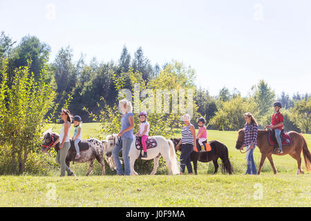 Shetland-Pony. Erwachsene führen Ponys mit Kindern auf dem Pferderücken. Österreich Stockfoto