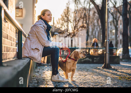 Frau mit einem Hund sitzt auf einem grünen Zaun Stockfoto