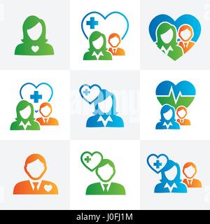 Medizinische medizinische Versicherung Symbole mit Menschen Figuren und Herzen, EKG & Versicherten Symbole Stock Vektor