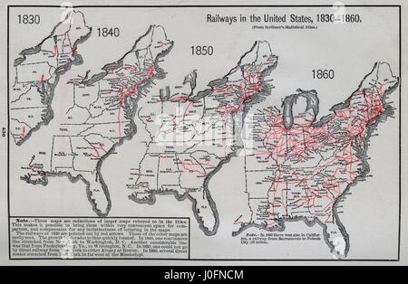 Eisenbahnen in den Vereinigten Staaten, 1830, 1840, 1850 und 1860, eine Karte mit Eisenbahn-Wachstum Stockfoto